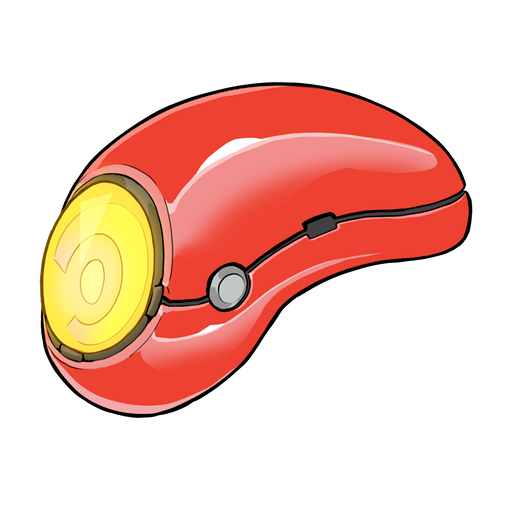 A CON: a small, rounded red machine with a glowing yellow lens